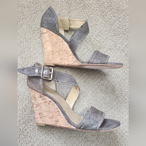 Stuart Weitzman Lineone Pyrite Nocturne Wedge Sandals 7 Glitter Sparkle Cork - Picture 3 of 9